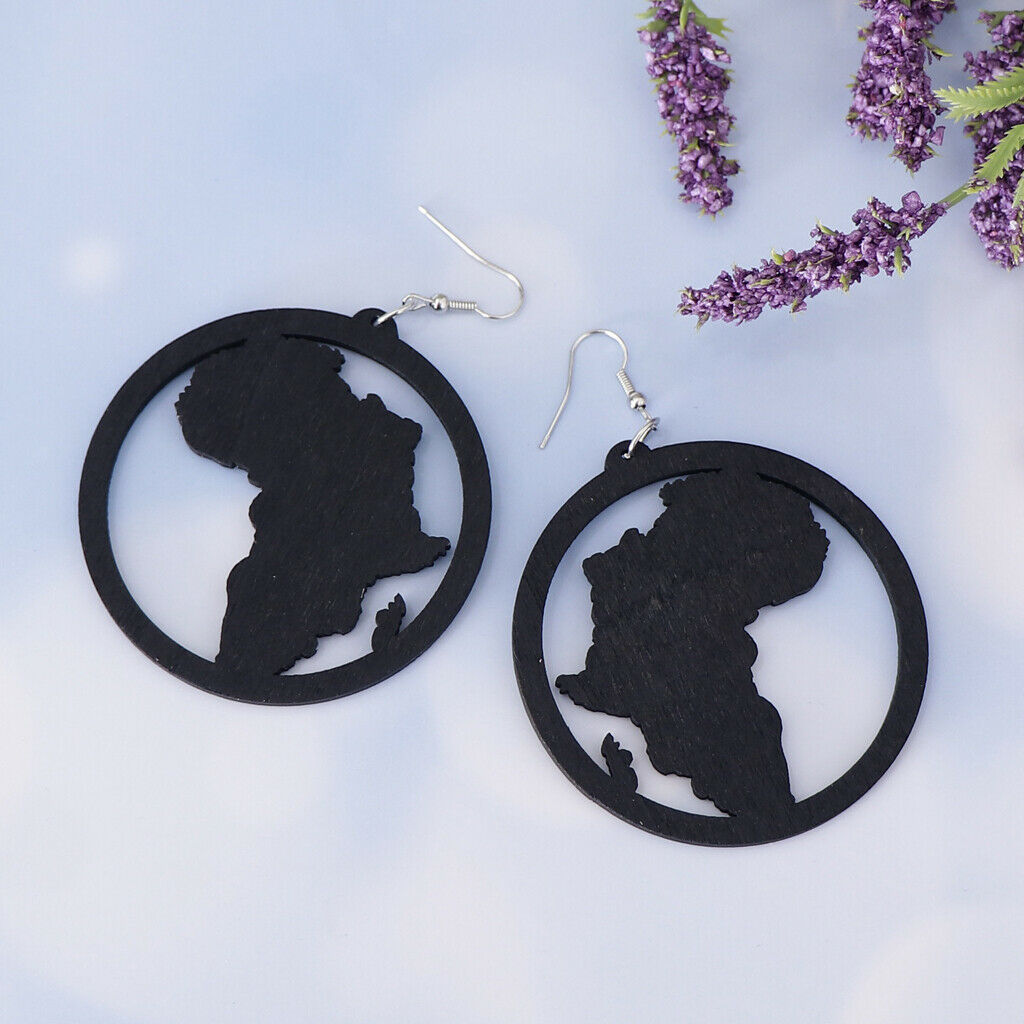 2 Pair Exaggerate Geometric African Map Wooden Drop Dangle Hook Earrings Set
