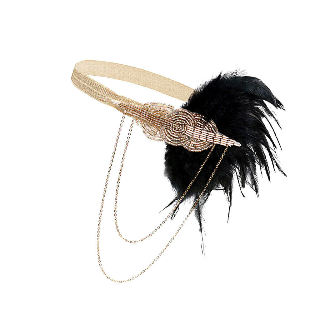 Feather Tassel Beads Flapper Headband 1920s Charleston Headpiece Champagne 2