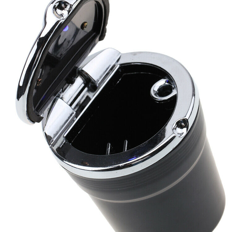 Portable Stainless Car Cigarette Ashtray Ash W/ Blue LED Light  Cup Holder Black