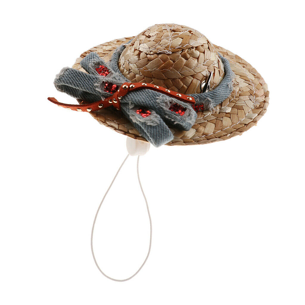 Pet Dog Cat Party Costume Accessory Straw Sombrero Hat Adjustable Buckle Denim M