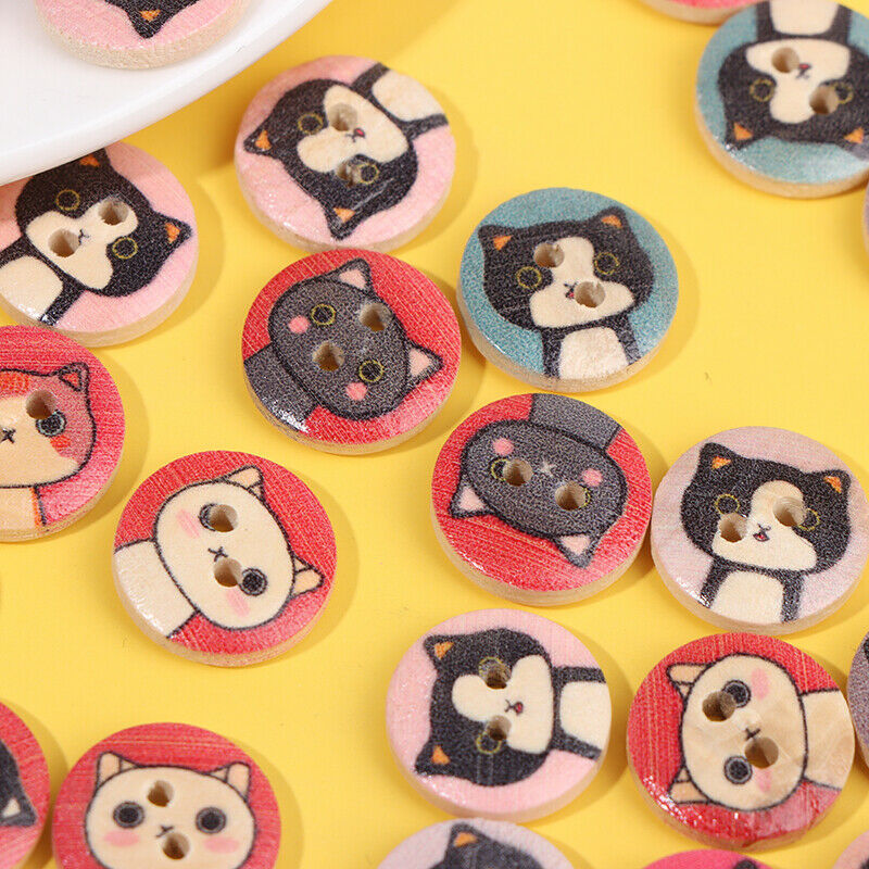 50Pc 15mm Round Wooden Buttons 2 Holes Lovely Cat Buttons For Clothing De.l8