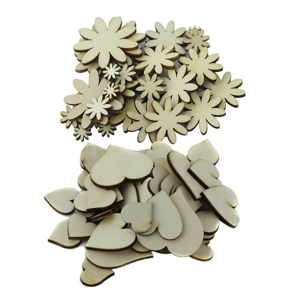 100pcs Natural Unfinished Wood Flower Heart Embellishments for DIY Crafts