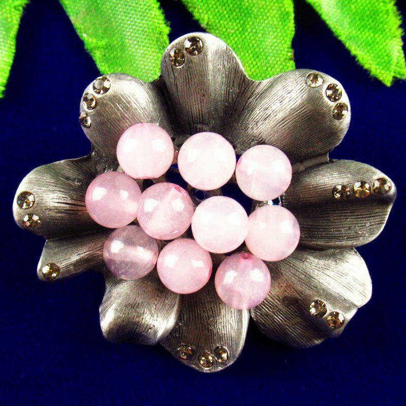 Natural Rose Quartz Beads Rhinestone Alloy Enamel Flower Pendant Brooch BL-80