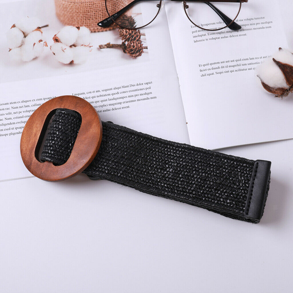 Braided Waistband Cinch Belt with Round Wooden Buckle Decorative Dress Belts