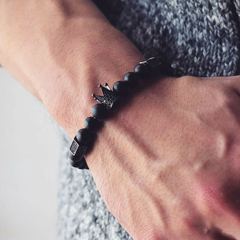 Men Black Stone Crown Beaded Cuff Charm Wristband Bangle Bracelet Jewe .l8