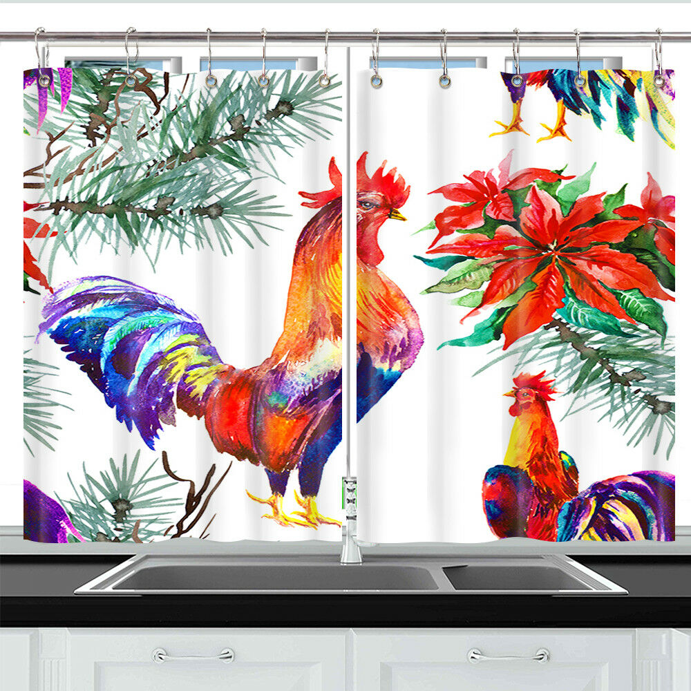 Watercolor Rooster Window Curtain Treatments Kitchen Curtains 2 Panels 55X39"