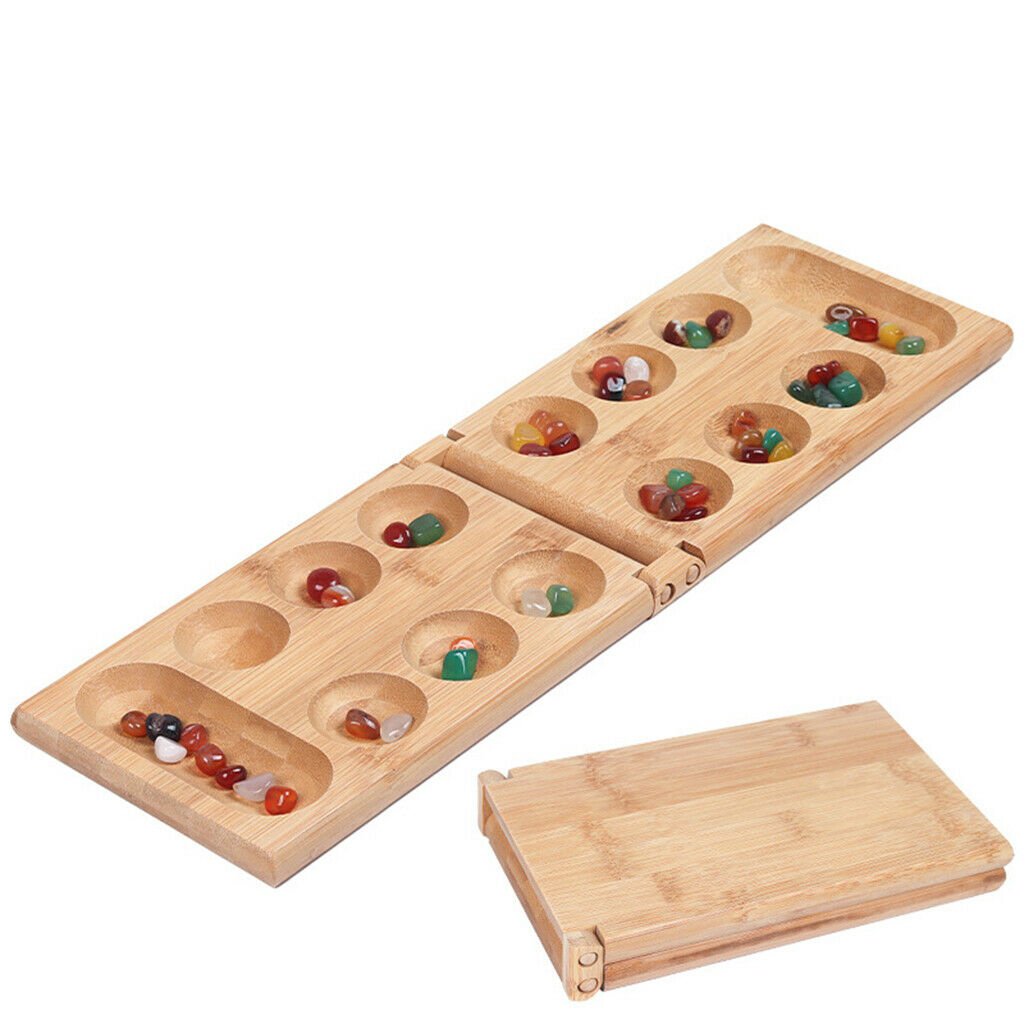 Portable Foldable Wooden Mancala Board Game with 48 Colourful Stones for Kids