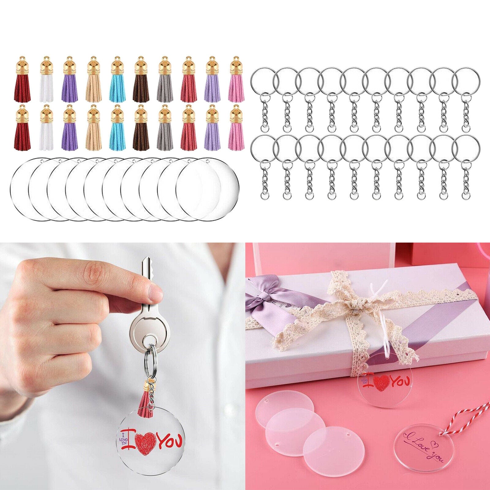 90Pcs Clear Acrylic Circle Discs Keychain Blanks Tassel Pendant Key Ring DIY