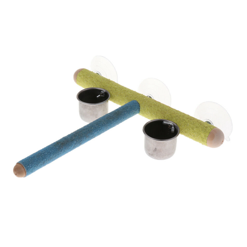 Bird Parrot Stand Perches Platform Rack Wall Suction Cup with 2 Feeding Cup