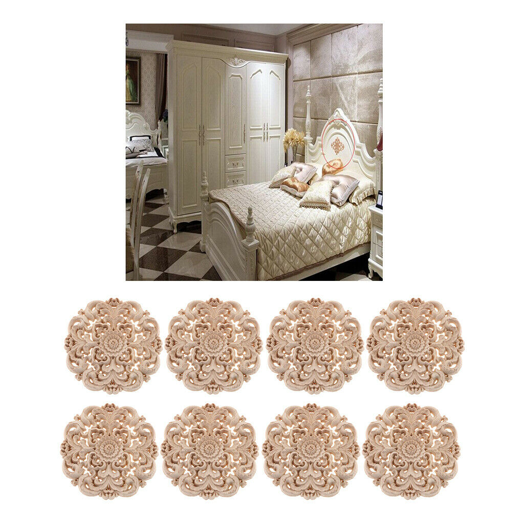 8pcs Round 4" Wood Carved Applique Onlay Cabinet Furniture Home Decoration