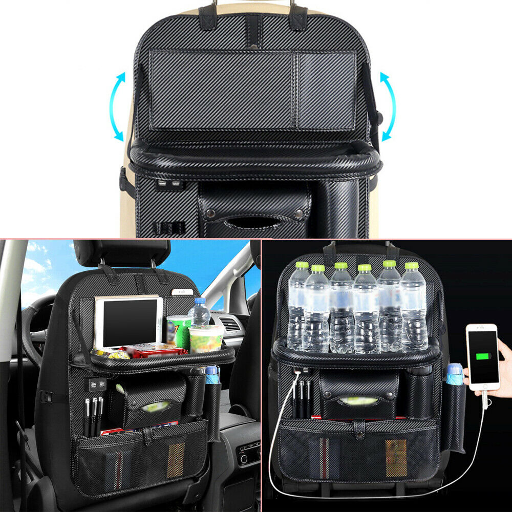 Car Seat Storage Bag PU Leather Multi Pocket w/ 4 USB Charging Port Dining Table