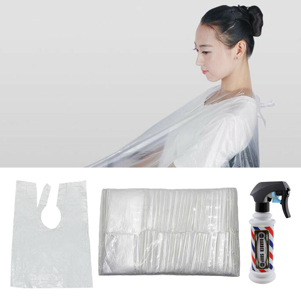 100pcs Disposable Hair Cutting Capes & Spray Bottle Gowns Barber Cloth Apron