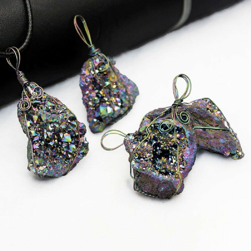 Wrap Rainbow Titanium Crystal Agate Druzy Natural Quartz Geode Pendant Beads US