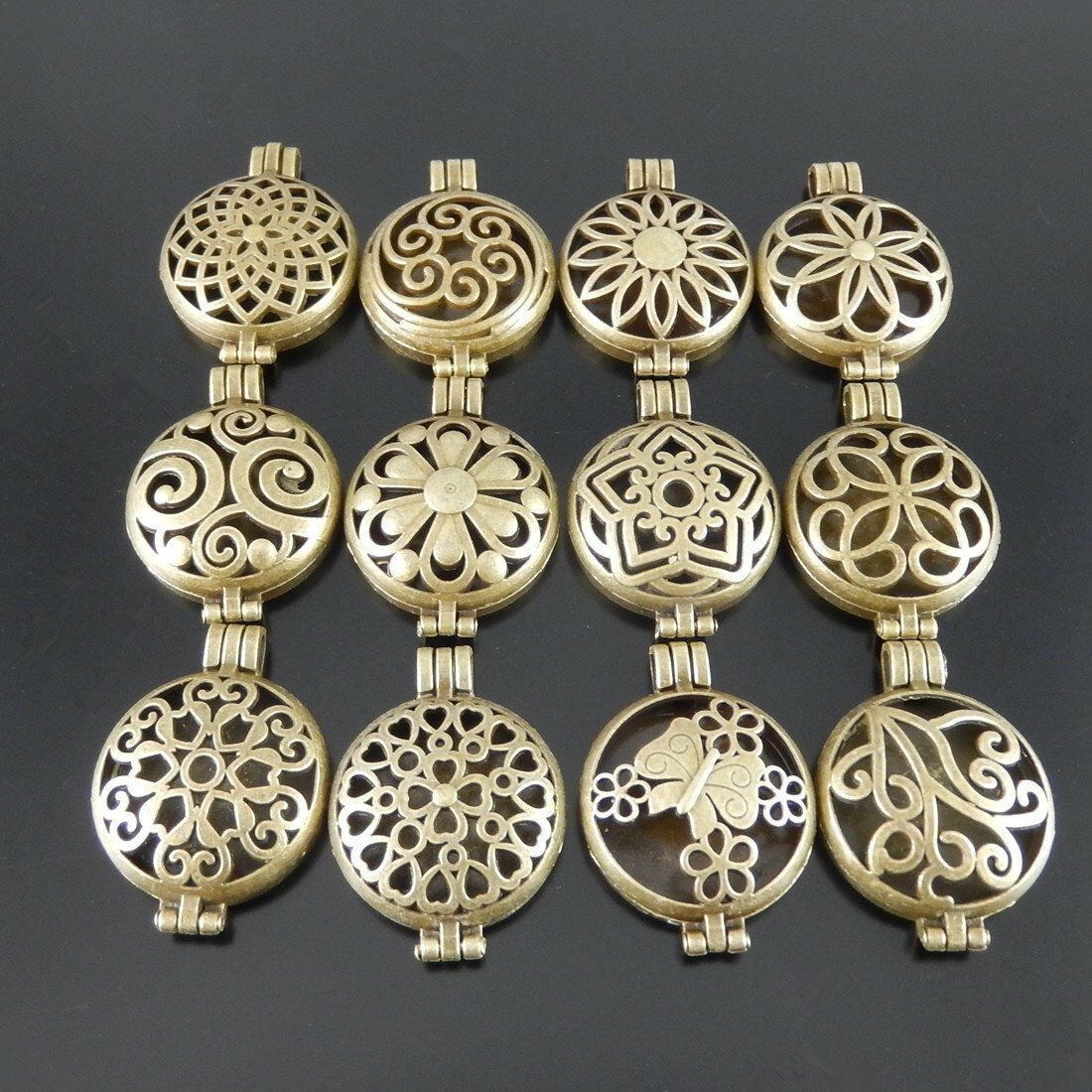 12 pcs Antiqued Bronze Assorted Lockets Charms Aromatherapy Diffuser Pendant