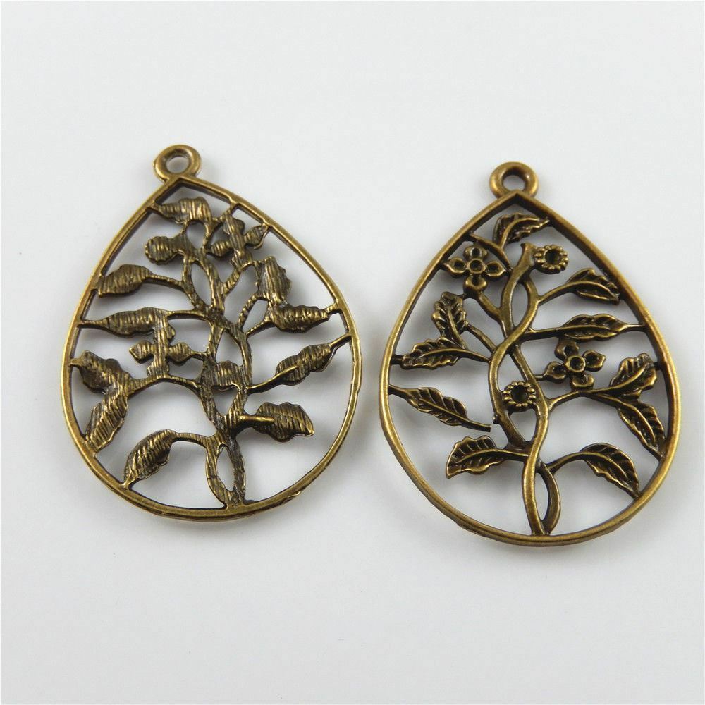 5-pack Retro Bronze Alloy Teardrop Pendant Hollowed Flower Branch Charm 54x41mm