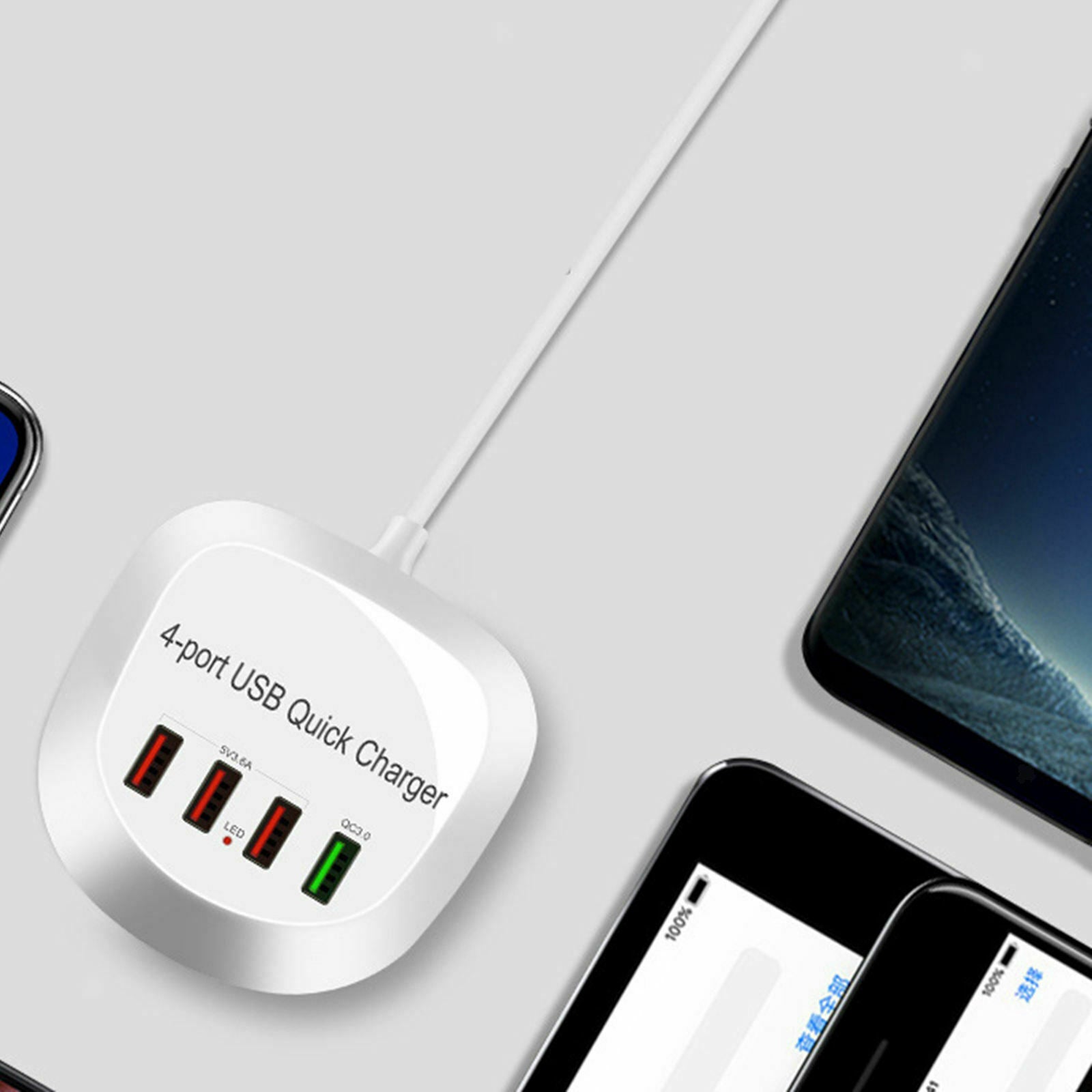 USB Charger Hub with QC 3.0 4 USB Ports 115cm Cord White Compact Plug-US