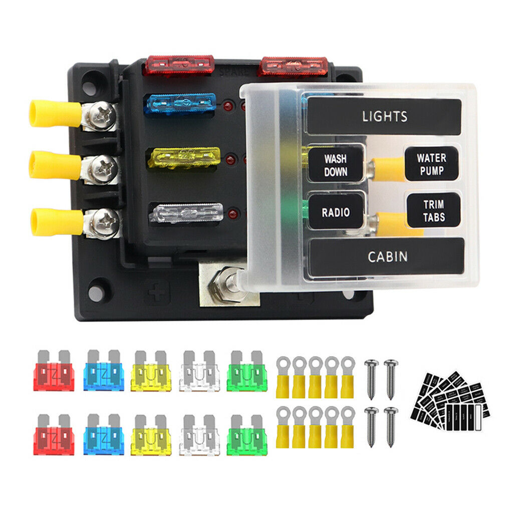 6 Way 12V-32V Car Power Distribution  Fuse Holder Box Block Panel Fuse Boat