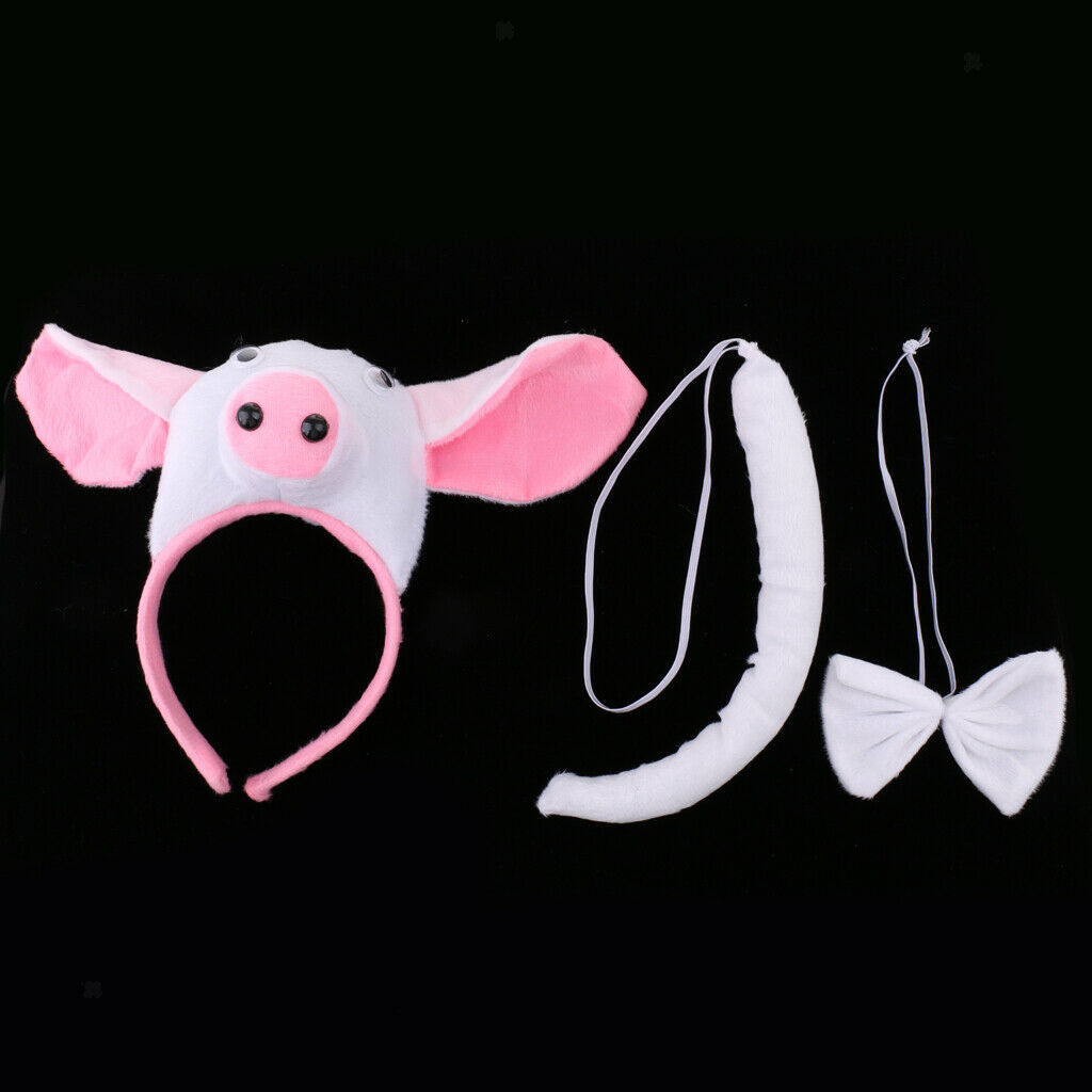 Kids Animal Pig Piggy Costume Kit Head Band Bow Tie Tail Fancy Dress White