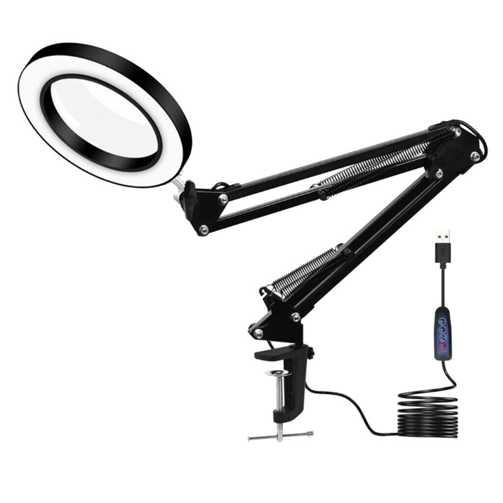 3 Color Modes Lamp 5X Magnifying Glass w/ Clamp for Table Reading Craft 25cm