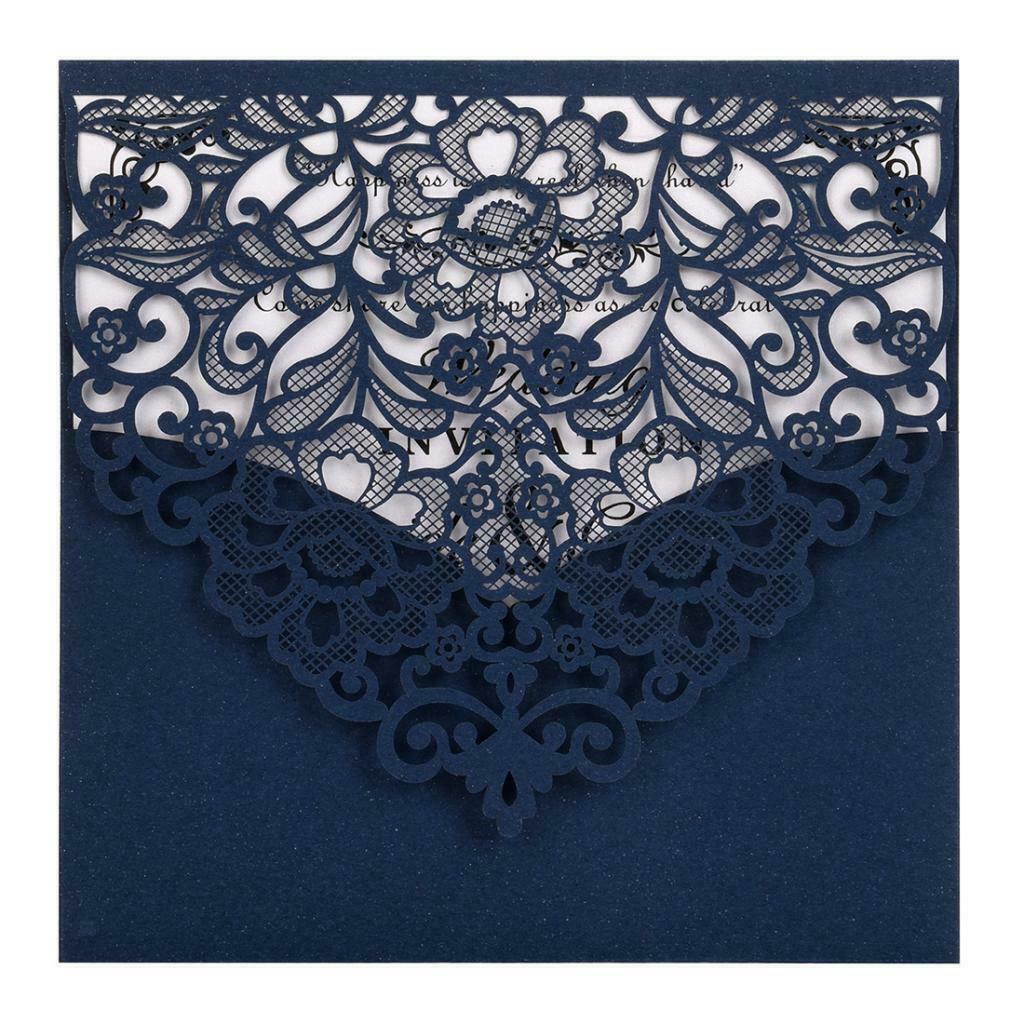 10 Sets Luxury Hollow Floral Wedding Invitation Cards with Envelope Blue