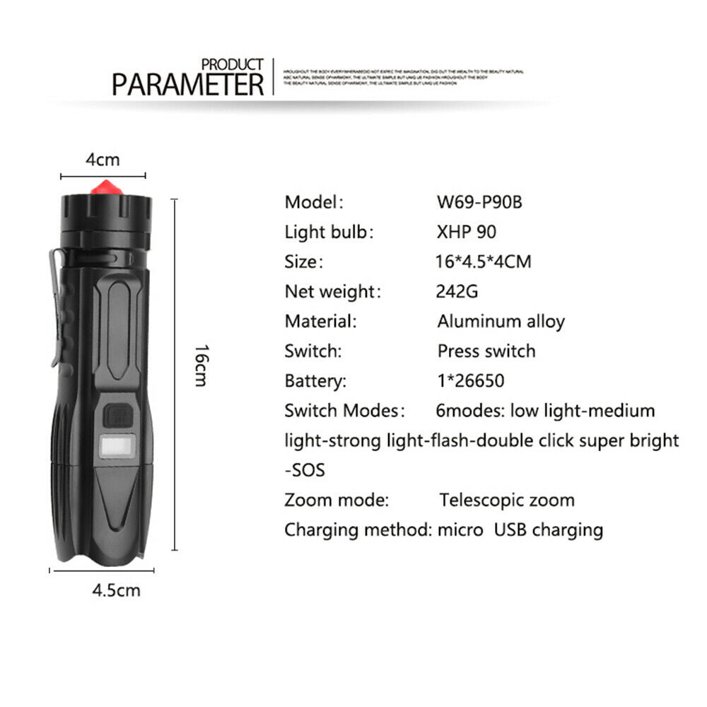 XHP90 6-Modes Zoomable LED Flashlight Rechargeable Waterproof Torch Lamp Hiking