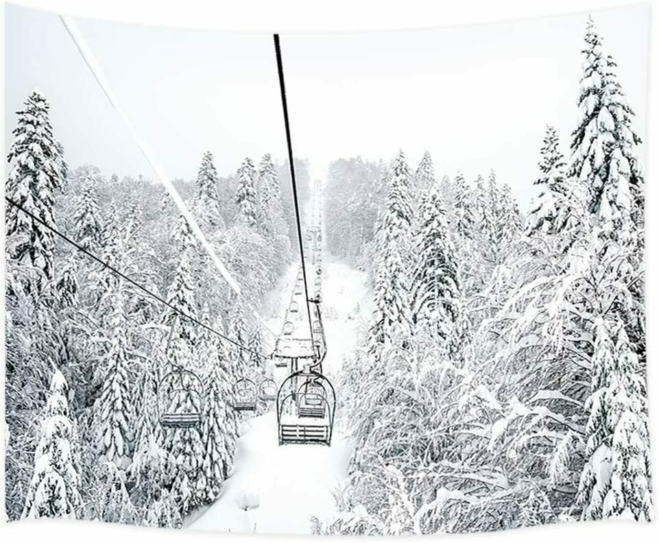 Winter Skiing Tapestry, Old Cable Ski Lift in Winter Snow Mountain Wall Tapestry