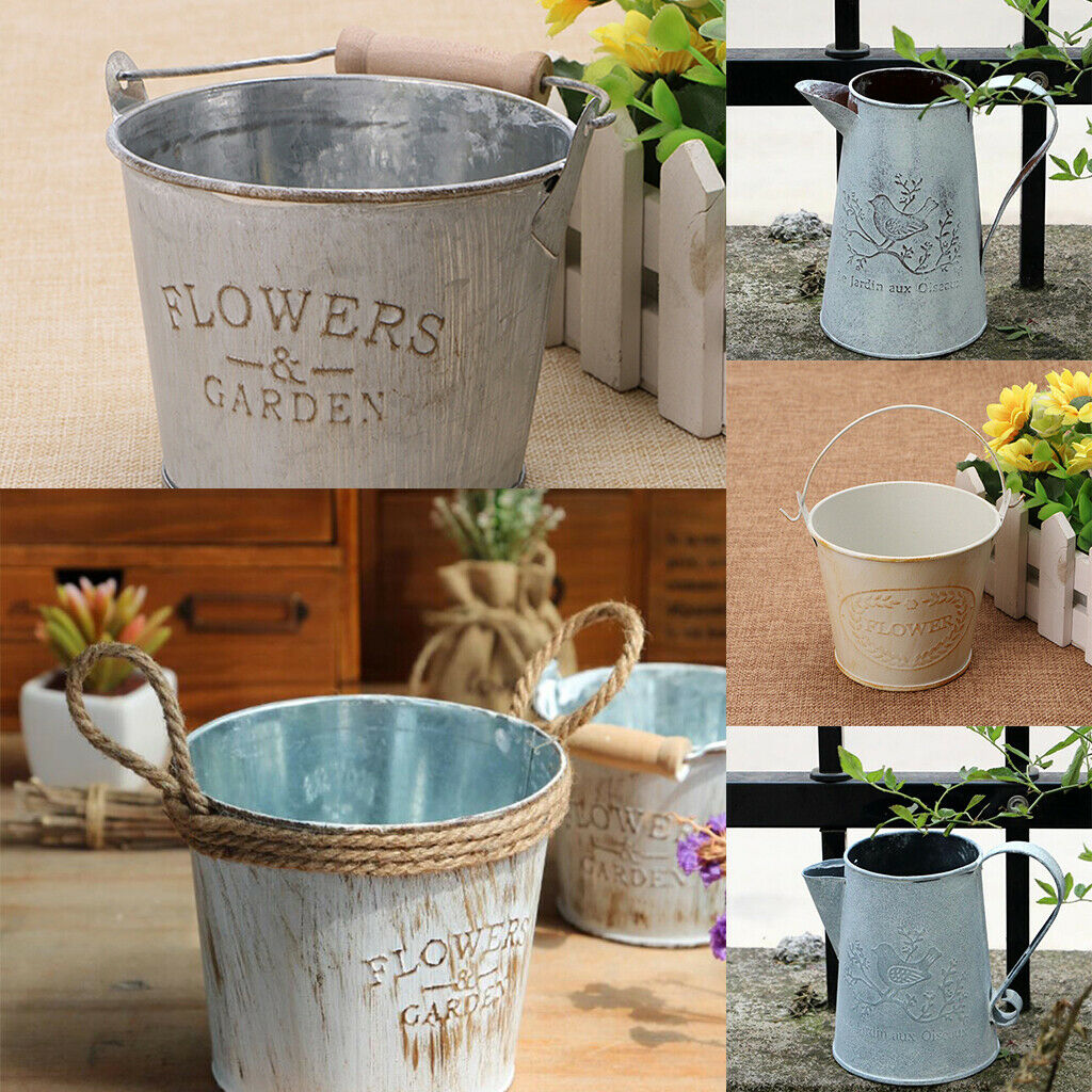 2Pieces Shabby Galvanised Metal Iron Flower Plants Bucket Flower Vase Pot