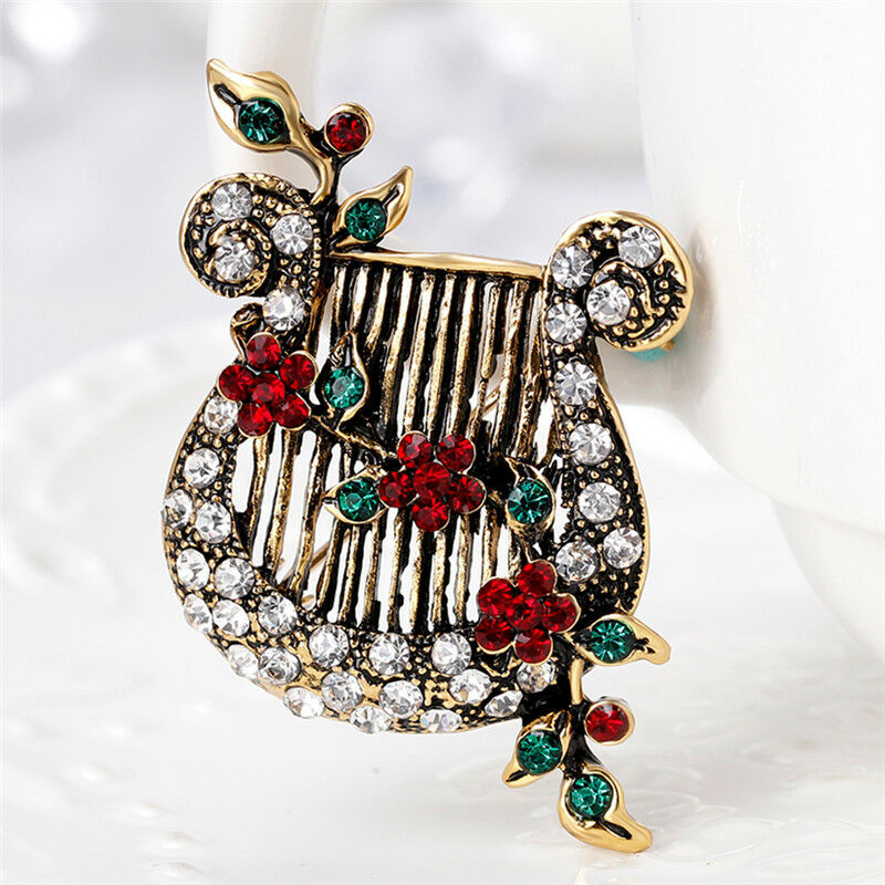 Christmas`Crystal Enamel Brooch Pin Harp Lute Collar Rhinestone Brooches`.l8