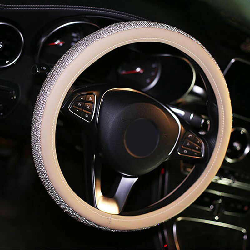 38cm/15'' Crystal Car Steering Wheel Cover Bling Rhinestone PU Leather Non-slip