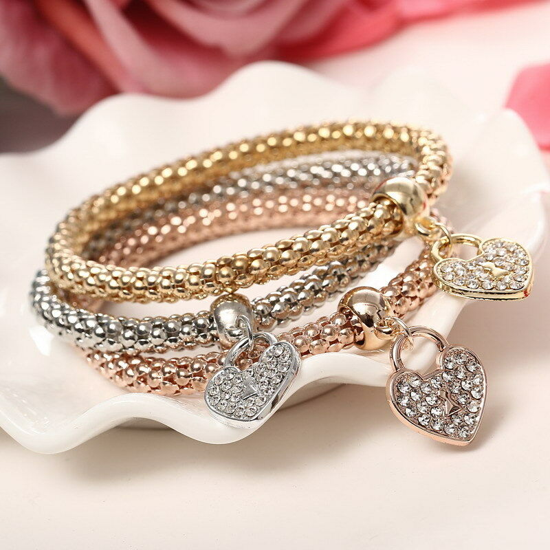 3 Colors/set Women Jewelry Crystal Love Heart Pendant Charm Bangle Bracelet Gift