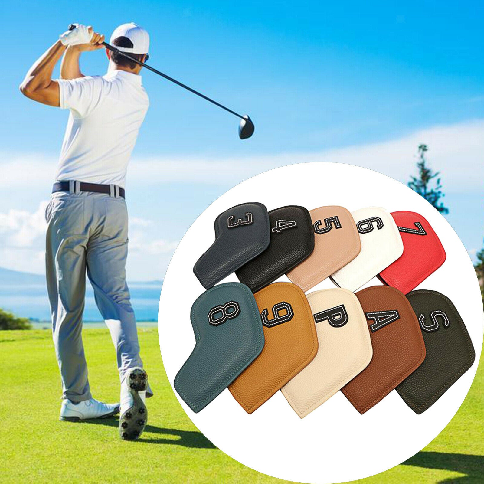 10pcs Waterproof PU Leather Golf Iron Headcover Wedges Club Head Cover Guard