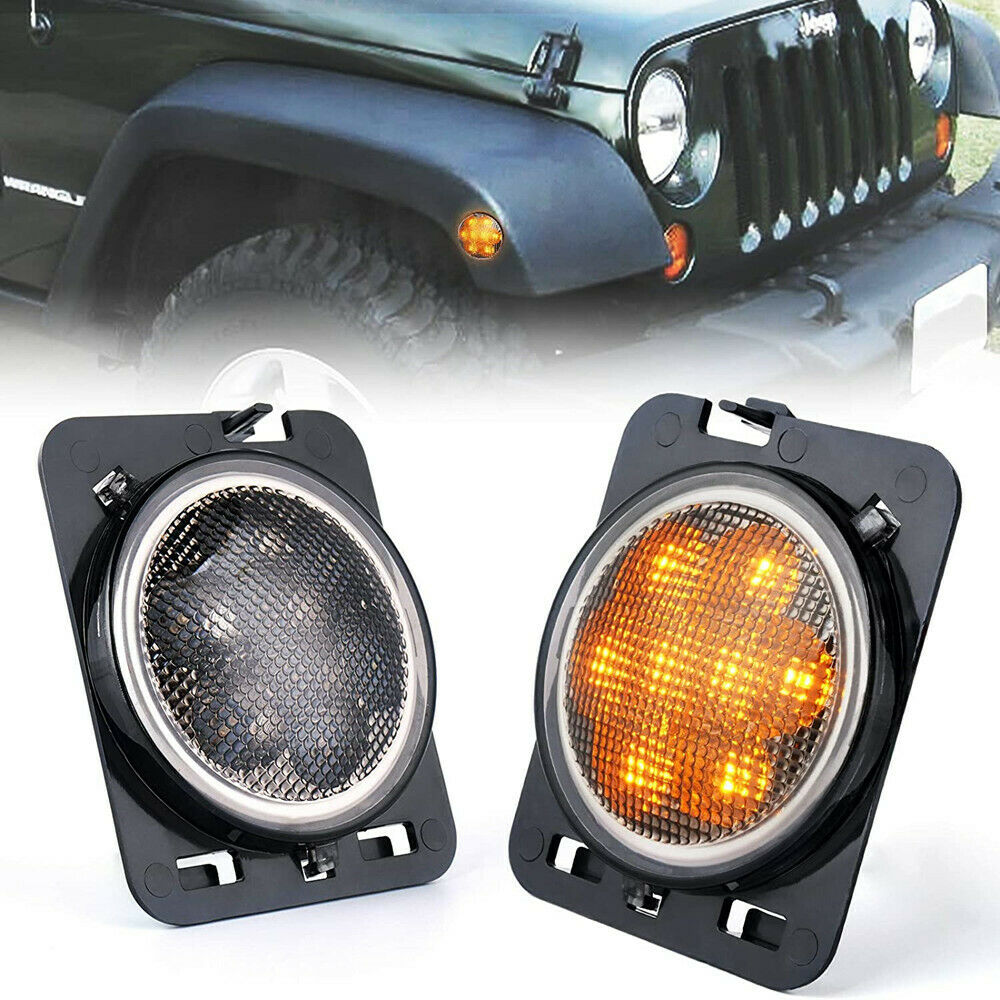 For 07-18 Jeep Wrangler JK Sport Front Fender LED Side Marker Lights Clear Lens