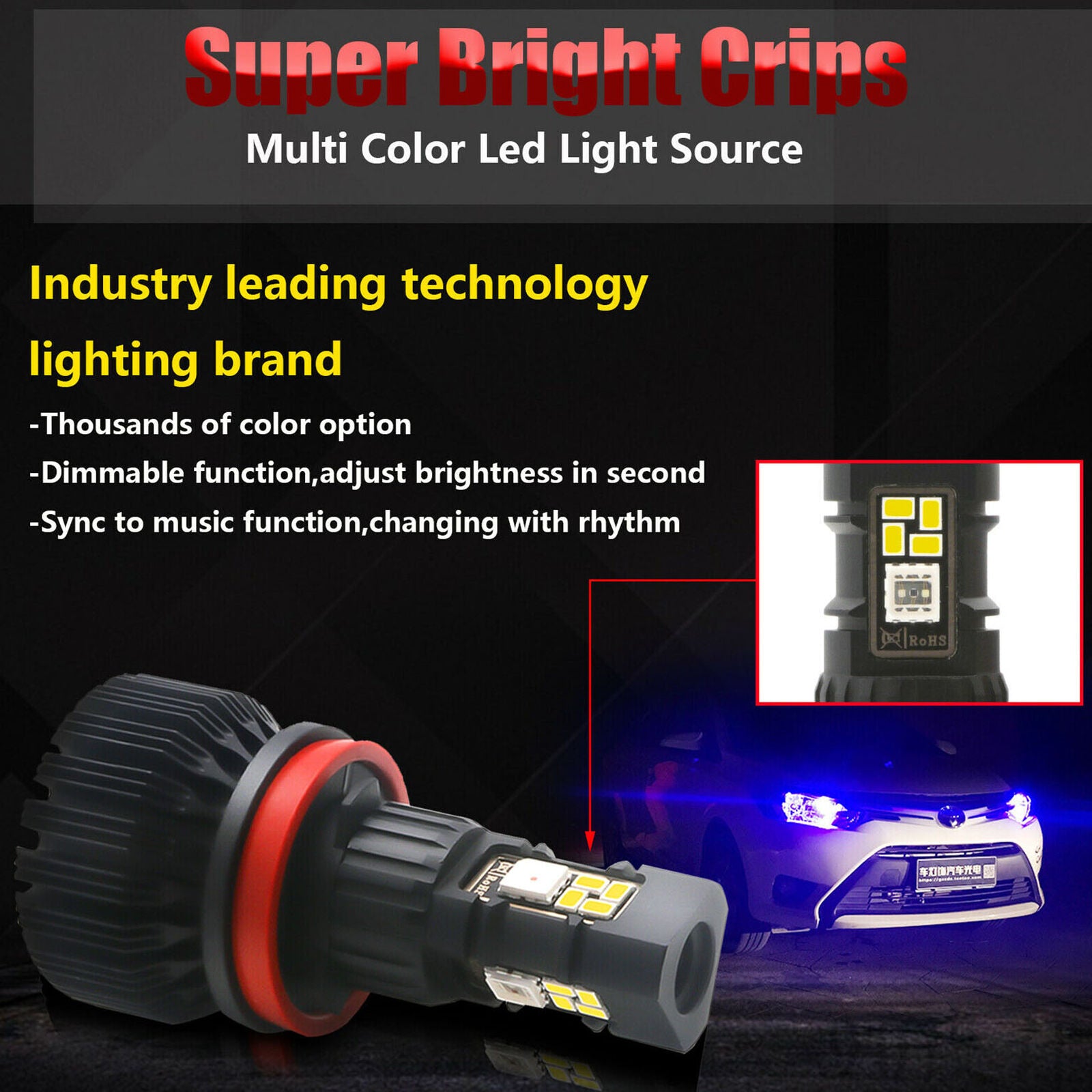 H8 H9 H11 RGB Multi Color Wireless Phone Control LED Bulb For Driving Fog Lights