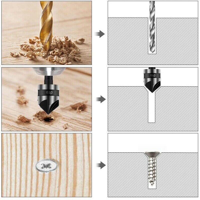 9PCS Countersink Set, Hex Shank Wood Drilling Bits 90 Degree Working 5 Flute PP9