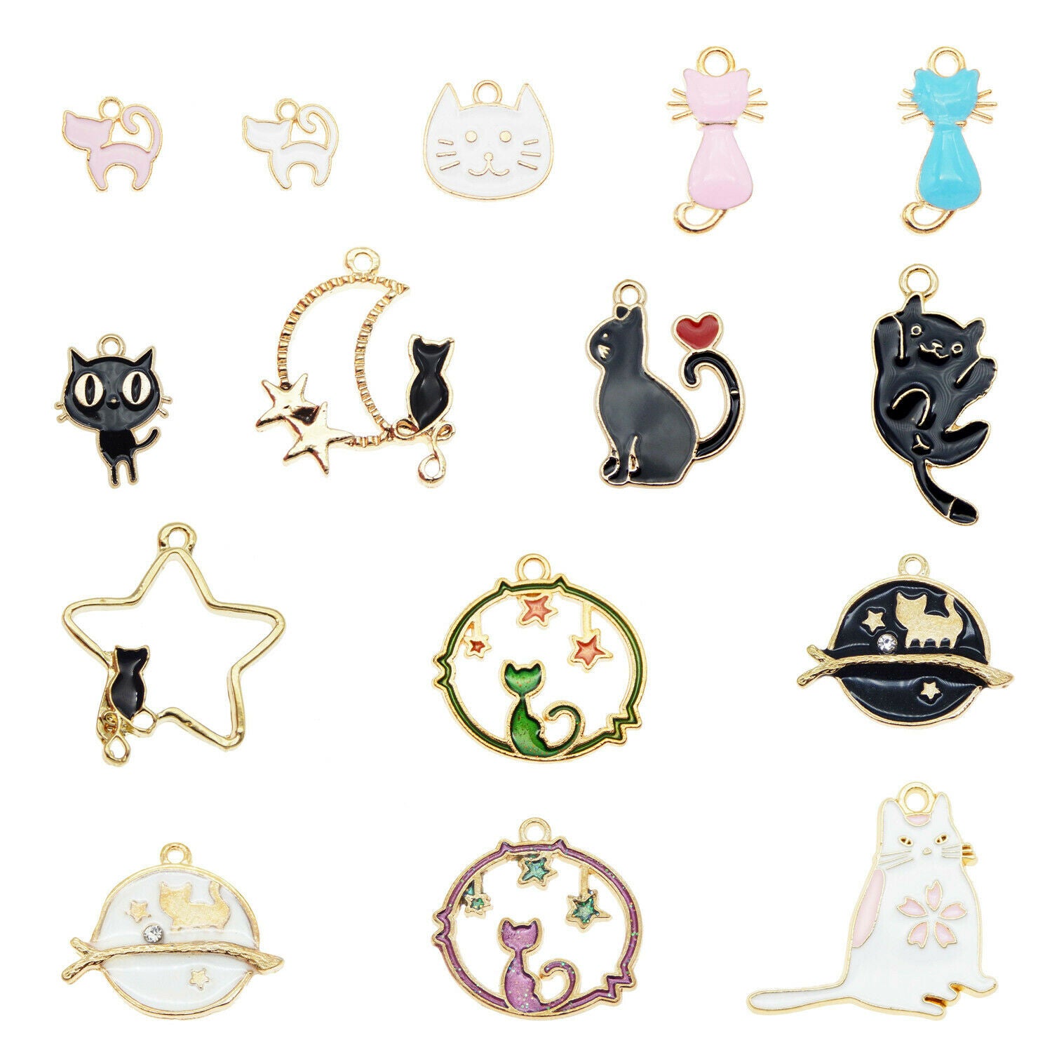 15PCS Assorted Enamel Plated Mixed Kitty Cat Animals Charms Pendant DIY Findings