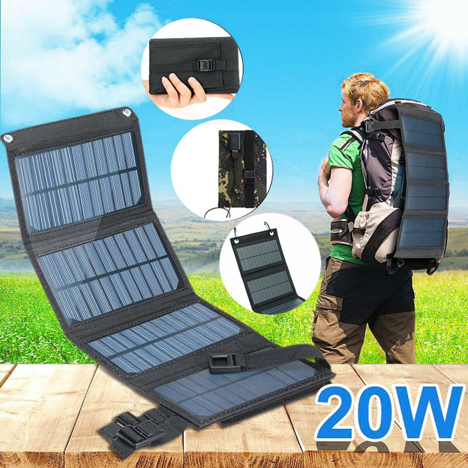 20W USB Solar Panel Folding Portable Charger Camping Car Phone Charger