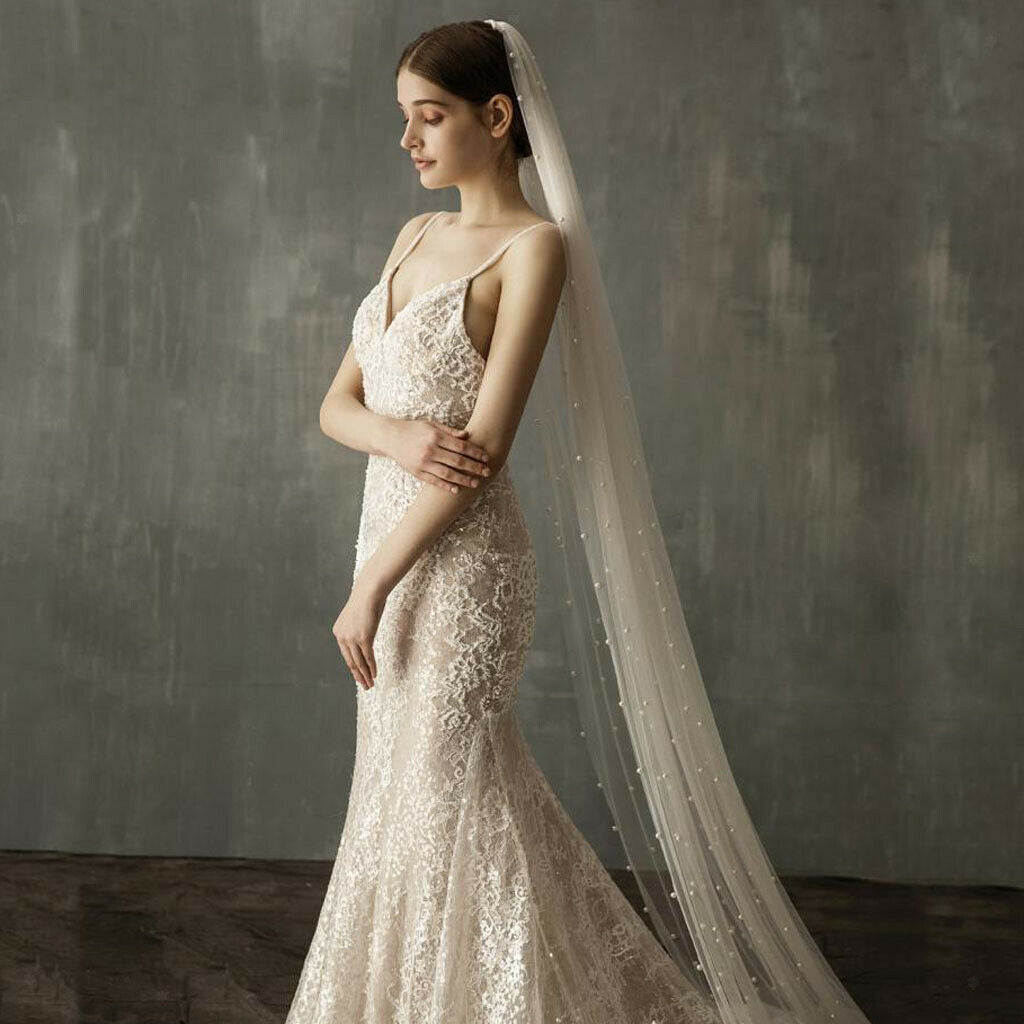 White Cathedral Length Soft Lace Wedding Bridal Veil Long Trail Pearls Decor