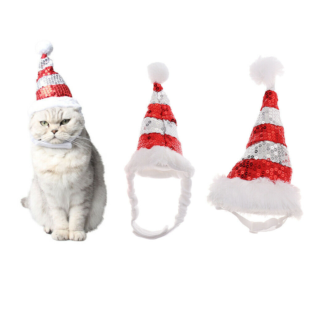Shiny Red White Striped Cat Kitten Puppy Christmas Santa Hat for Small Dog S