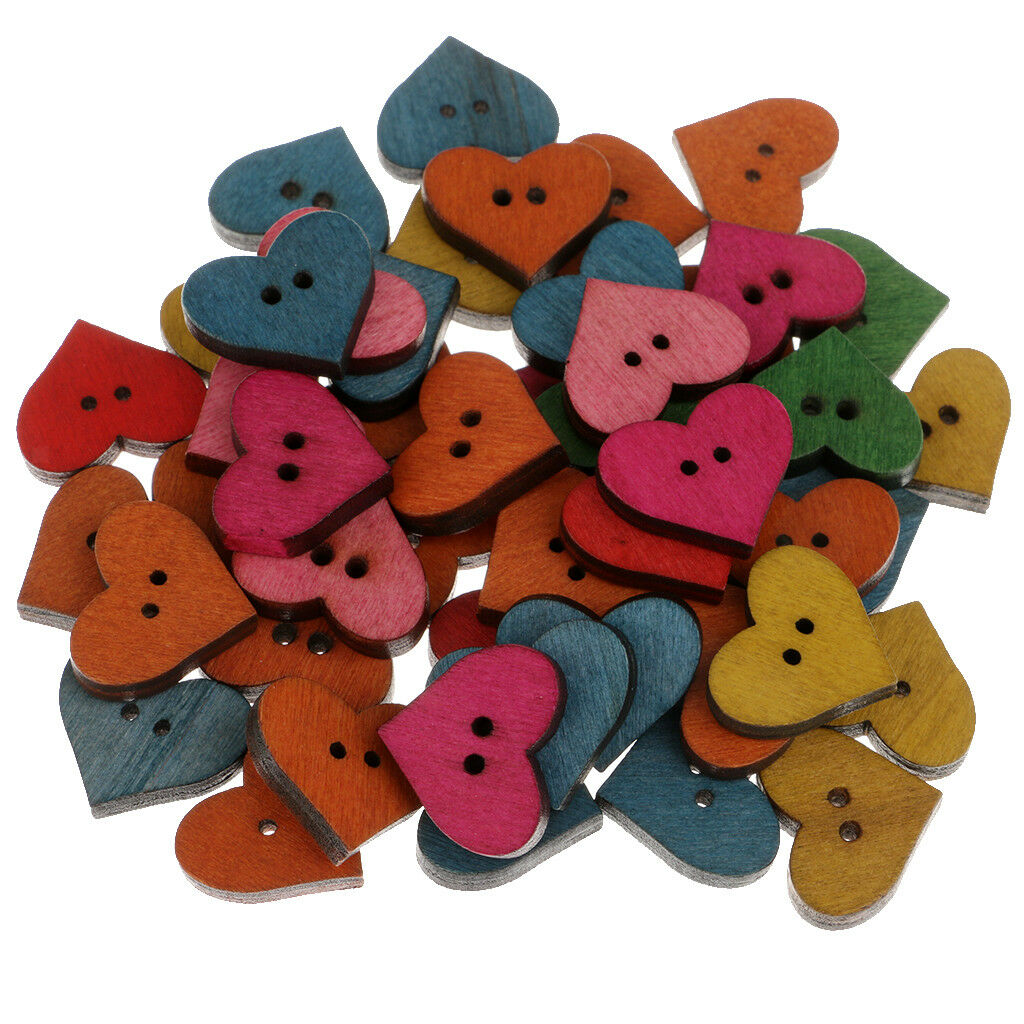 50pcs Heart Shape Wooden 2 Holes Crafts Buttons for Sewing Scrapbooking 19mm