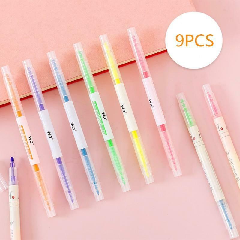 9 Colors Double Head Highlighter Fluorescent Markers Drawing Pen Stationery Gift