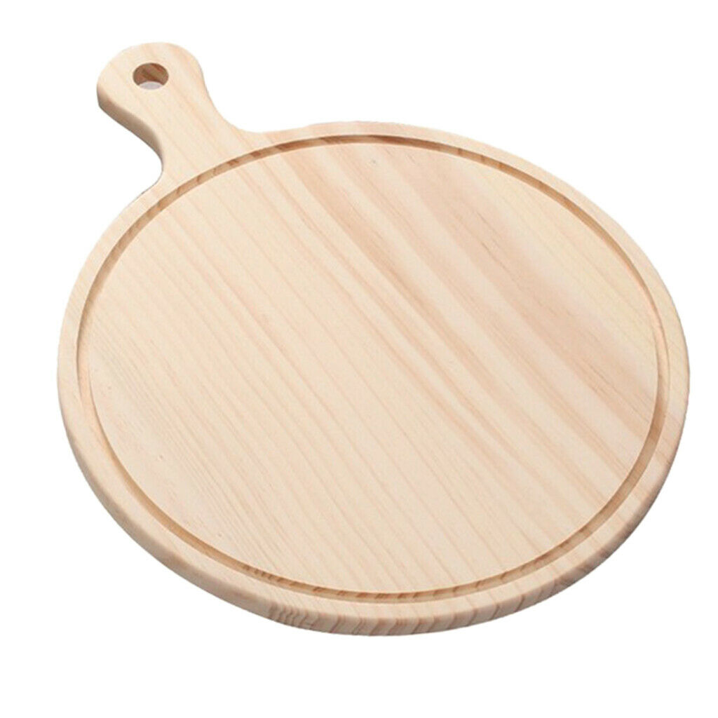 Round Wooden Board Kitchen Pizza Bread Plate Serving Tray with Handle 12inch