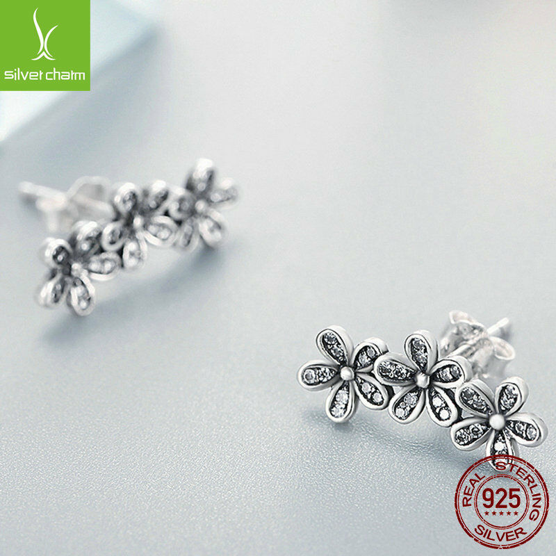 Authentic Dazzling Daisy Flower CZ stud Earrings fit sterling 925 women Jewelry