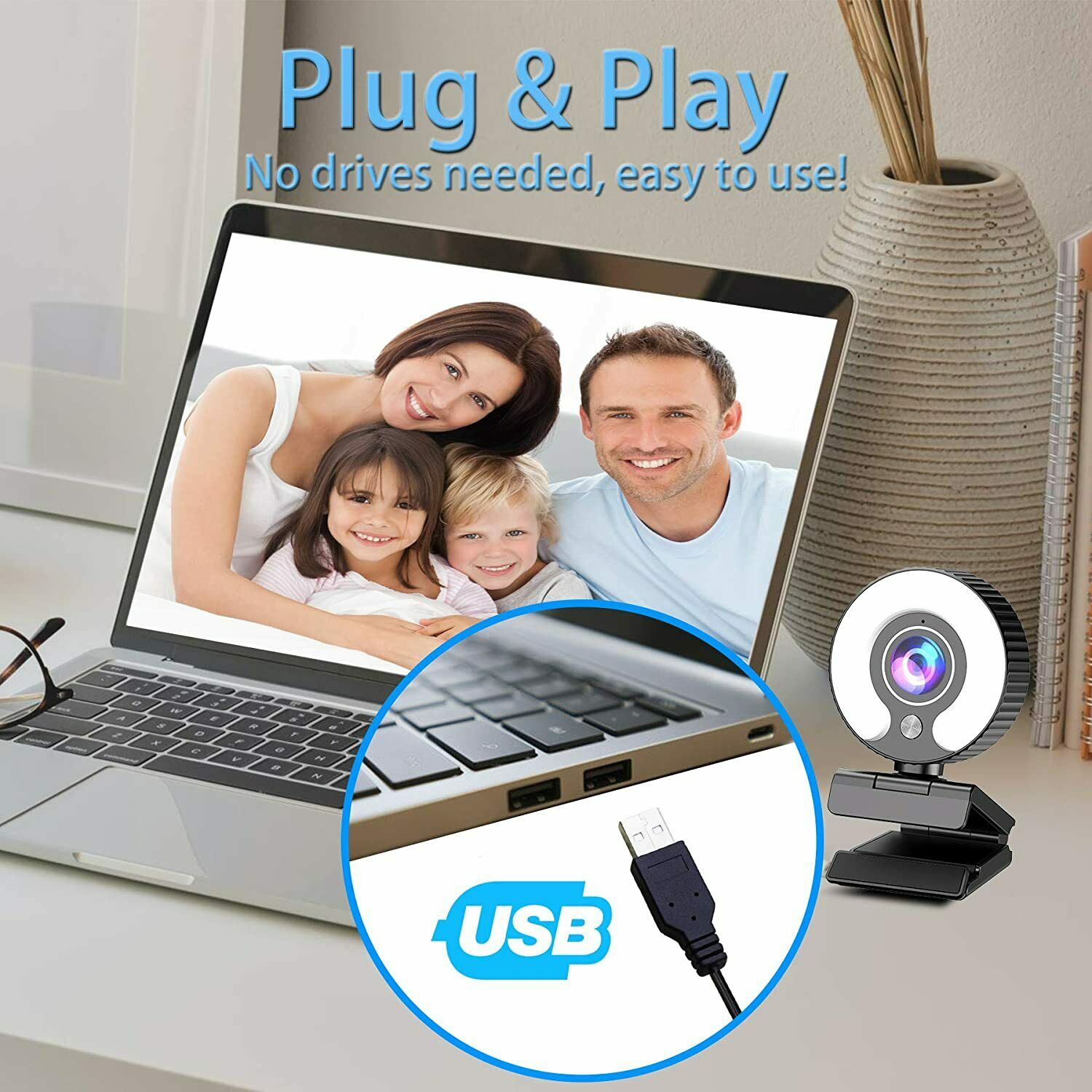 Streaming Webcam with Light Ring and Microphone FHD 1080P for Desktop Computer