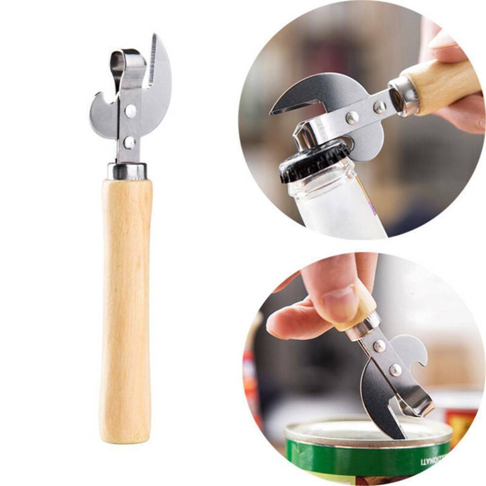 Wooden Handle Stainless Steel Manual Can Tin Beer Bottle Opener Multifunctional