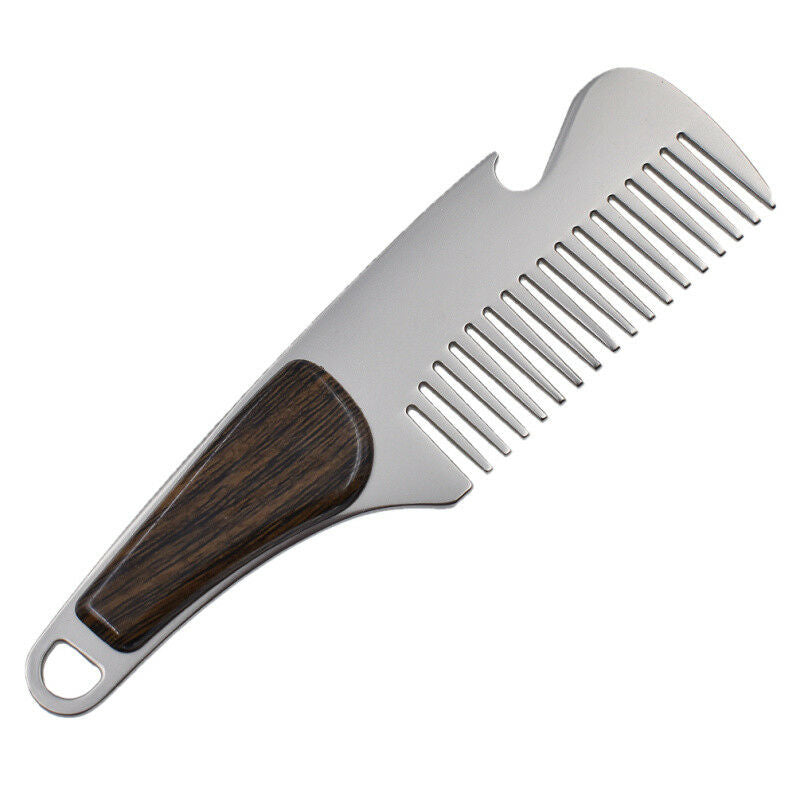 Portable Stainless Steel Wood Grain Beard Shaving Pocket Comb Mustache Brush