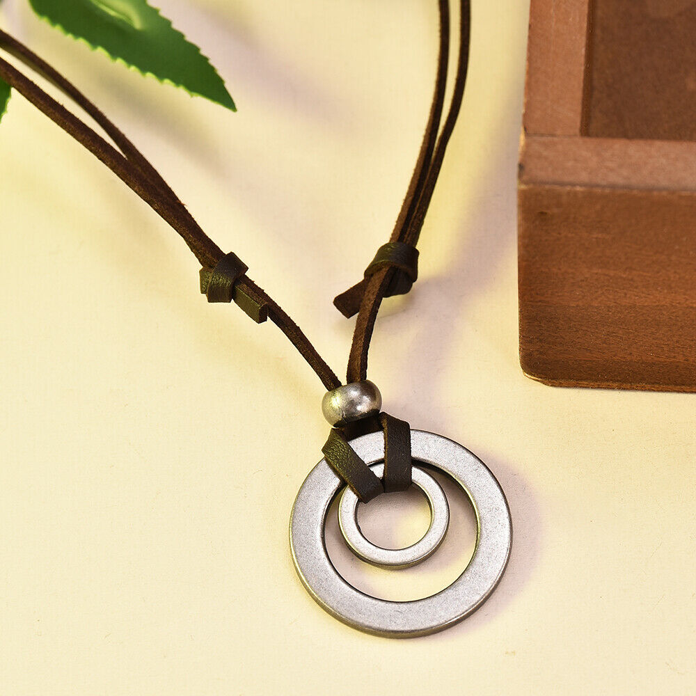 Men Women Retro Double Ring Pendant Adjustable Leather Cord Necklace Jewelry