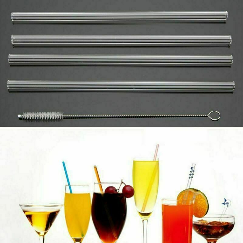 Eco Friendly 4 Pack GLASS Drinking Straws Cleaning Brush Party Use Shake Straw