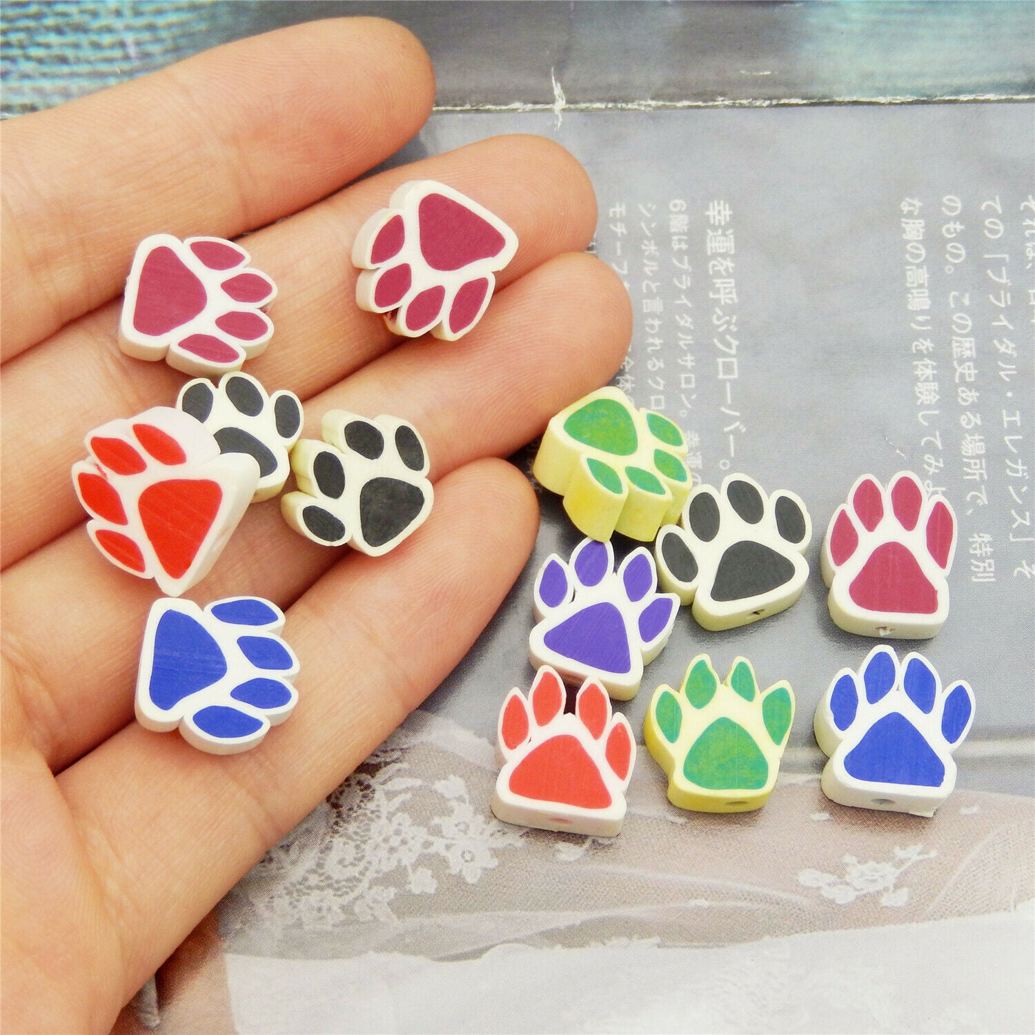 20 Mixed Animal Paw Print Polymer Clay Bead Bear Dog Footprint Spacer Beads 12mm