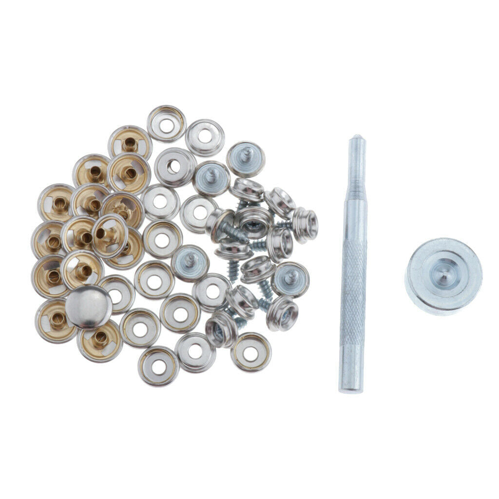 15Sets Snap Button Screw Boat Stud Fastener Nut Setting Tool Kit with Case