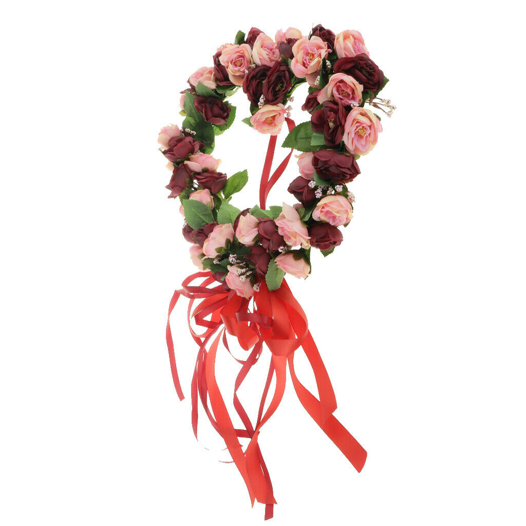 Artificial Rose Wreath Heart Shaped Wreath with Red Silk Ribbon, Wine Red Rose